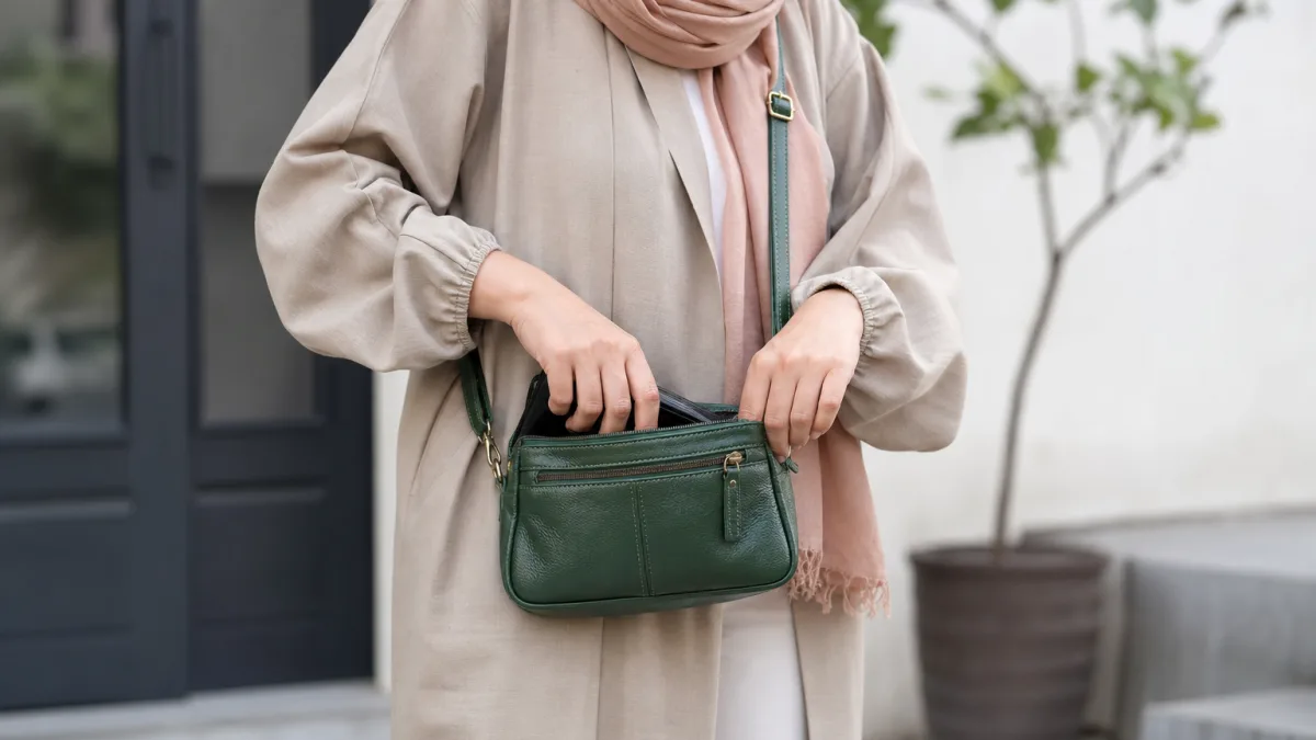 کیف چرم سبز زنانه با ساختار دوختدار و بدنه ایستاده